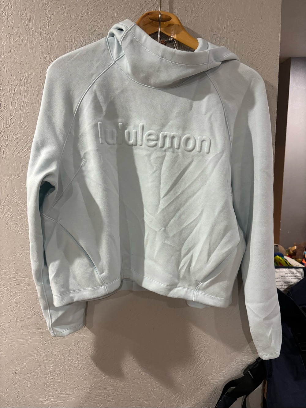 Lululemon Airwrap Hoodie Embossed Wordmark Large Logo in Light Blue size 10